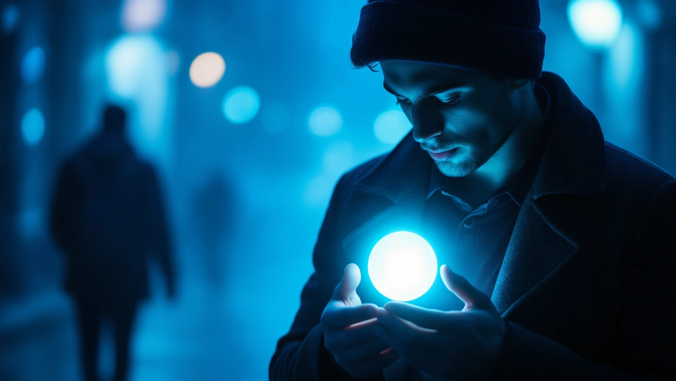 Ein Mann hält eine leuchtende Kugel in einer dunklen, nebligen Umgebung.
