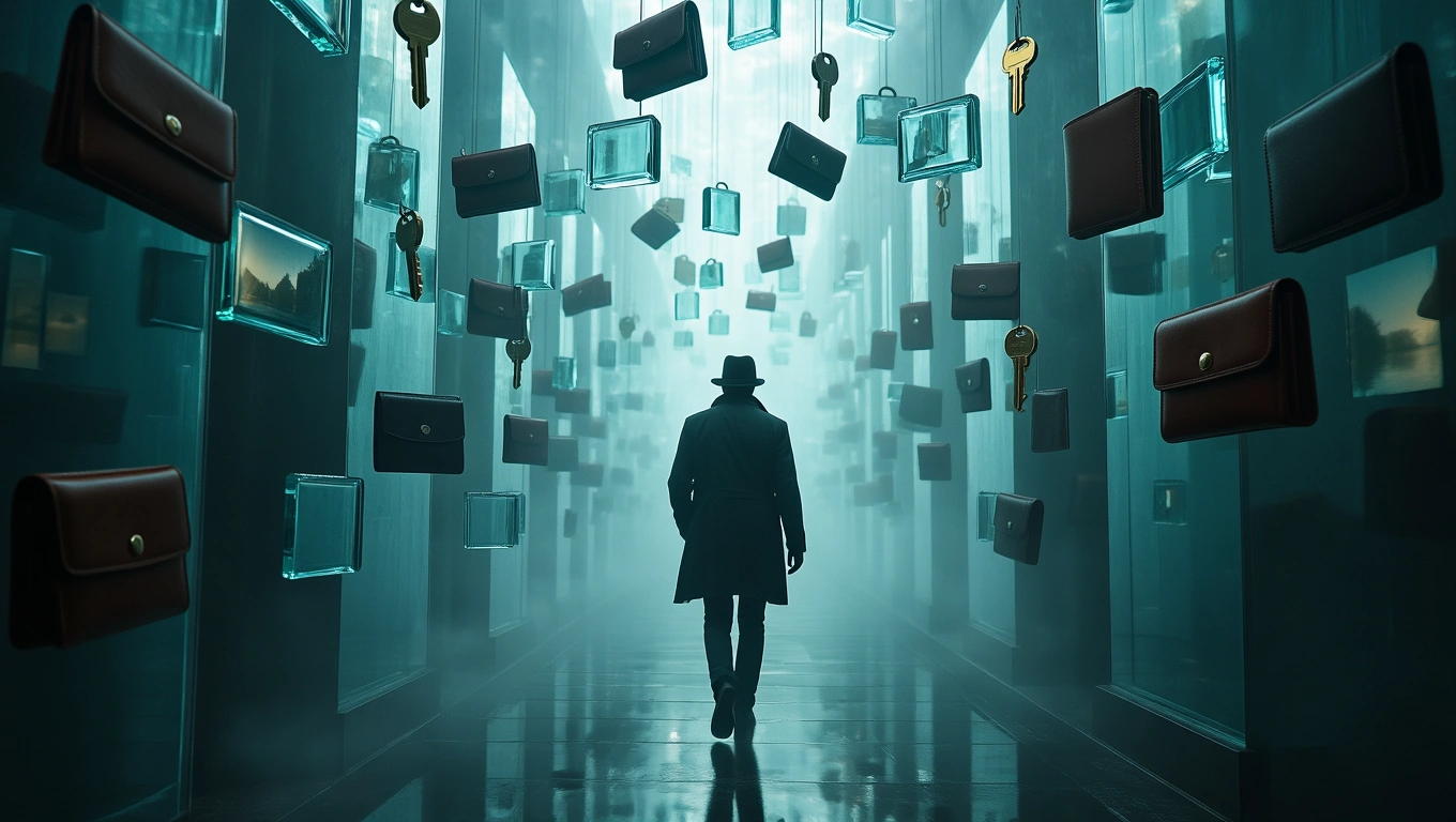 Ein geheimnisvoller Mann in einem langen Mantel steht in einem nebligen Raum voller schwebender Taschen und Schlüssel.