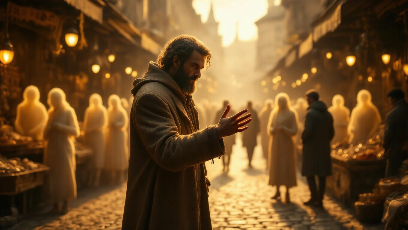 Ein Mann in einem historischen Markt, umgeben von schemenhaften Figuren, symbolisiert Verlust und Betrug.