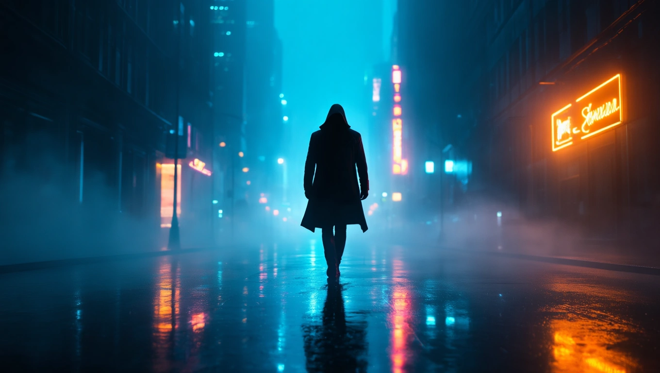 Eine geheimnisvolle Figur in einem langen Mantel geht durch eine neblige, beleuchtete Stadtstraße.