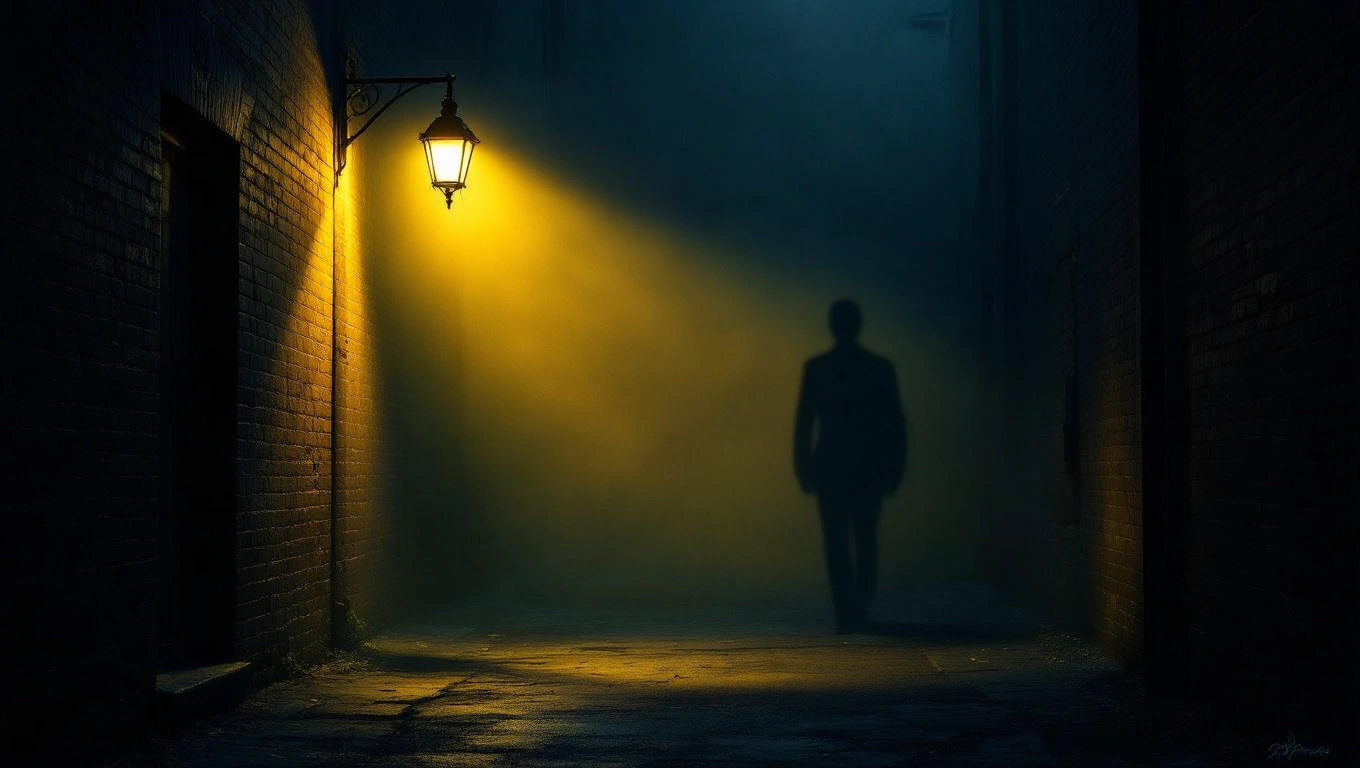 Ein Schatten eines Mannes in einer nebligen Gasse mit einer Straßenlaterne.