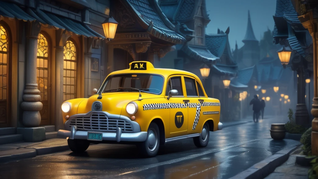 Ein gelbes Taxi steht auf einer ruhigen, beleuchteten Straße in einer Traumlandschaft.