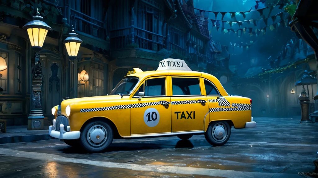Ein gelbes Taxi steht in einer mystischen, beleuchteten Straße.