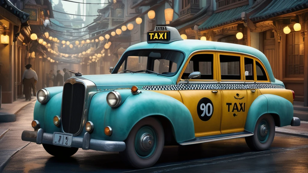 Ein nostalgisches Taxi in einer beleuchteten Gasse, Symbol für emotionale Reisen.