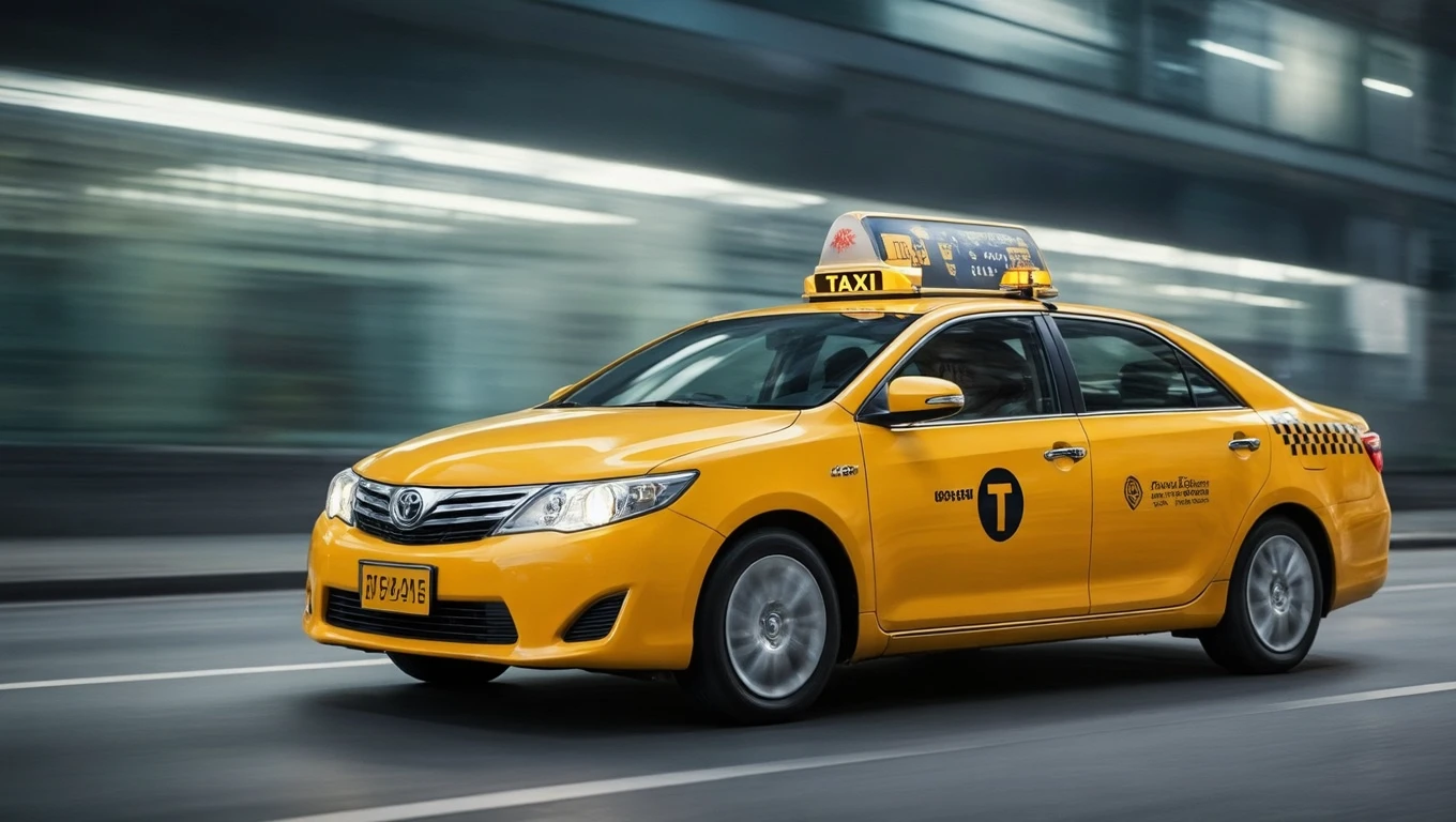 Ein gelbes Taxi fährt schnell durch eine städtische Umgebung.