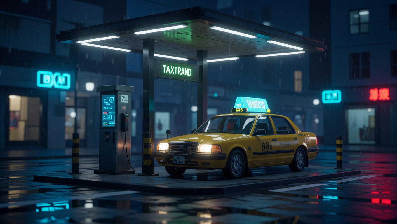 Ein gelbes Taxi steht an einer beleuchteten Taxistation bei Regen.