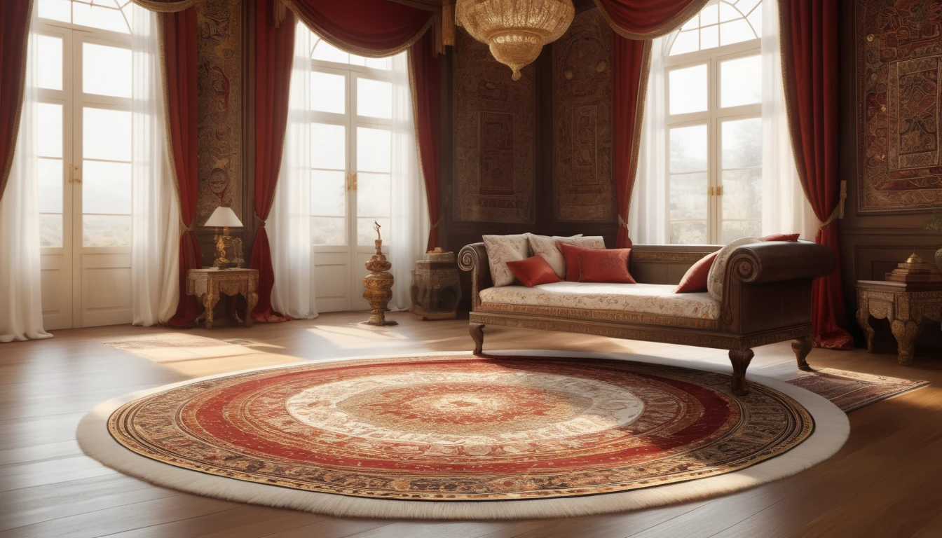 Ein eleganter runder Teppich in einem stilvollen Raum mit Fenstern und luxuriöser Einrichtung.