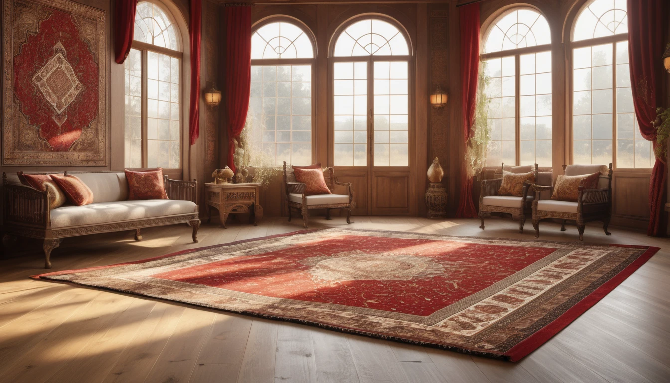 Ein prächtiger Teppich in einem stilvollen Raum mit großen Fenstern.