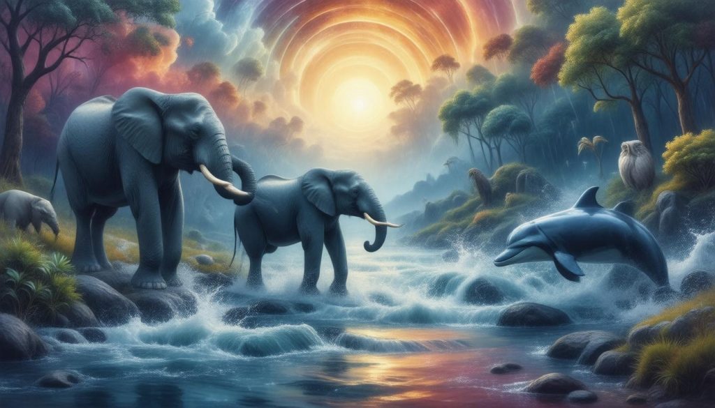 Zwei Elefanten stehen am Ufer eines Flusses, während ein Delfin springt.