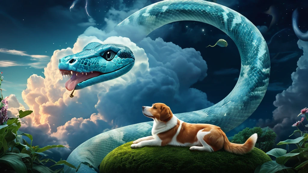 Ein Hund liegt entspannt auf einer Wiese, während eine große Schlange über ihm schwebt.