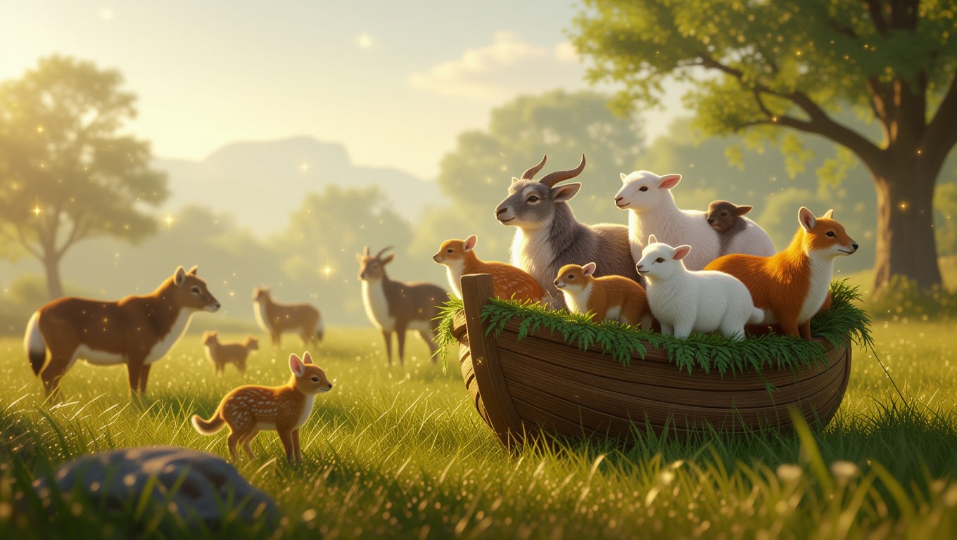Eine Gruppe von Tieren, darunter Rehe und Füchse, in einem Boot auf einer grünen Wiese.
