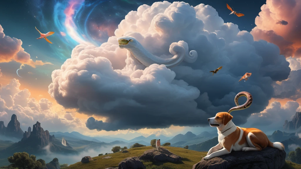 Ein Hund sitzt auf einem Felsen, umgeben von fantastischen Wolken und Vögeln.