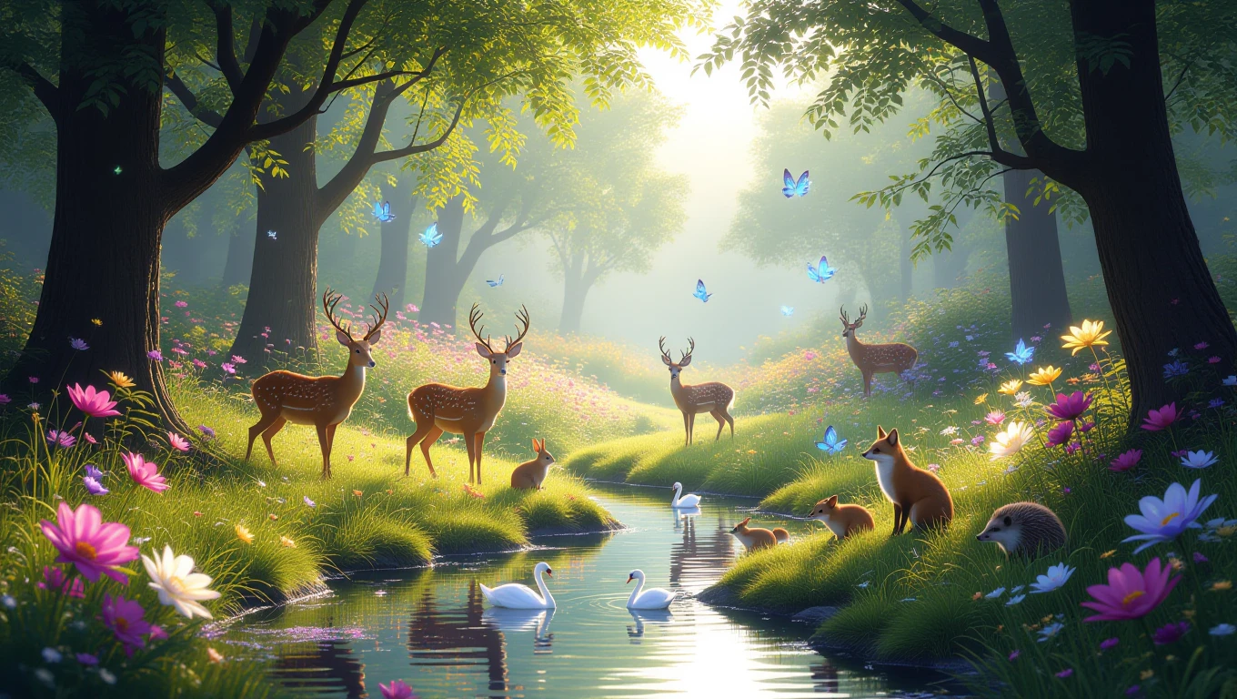Eine friedliche Waldszene mit Rehen, Füchsen und Schwänen, umgeben von bunten Blumen.