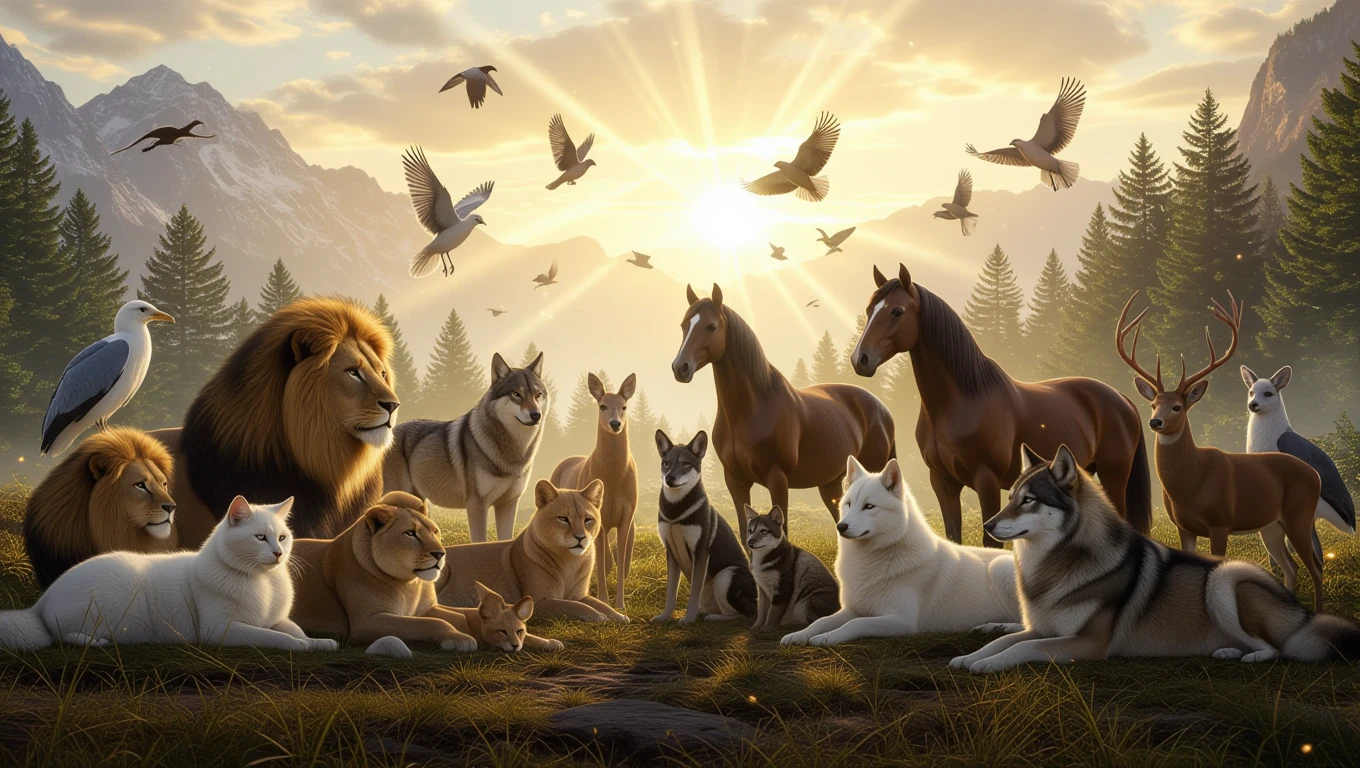 Eine Gruppe von Tieren in einer sonnigen Waldlandschaft, die symbolisch für Träume steht.