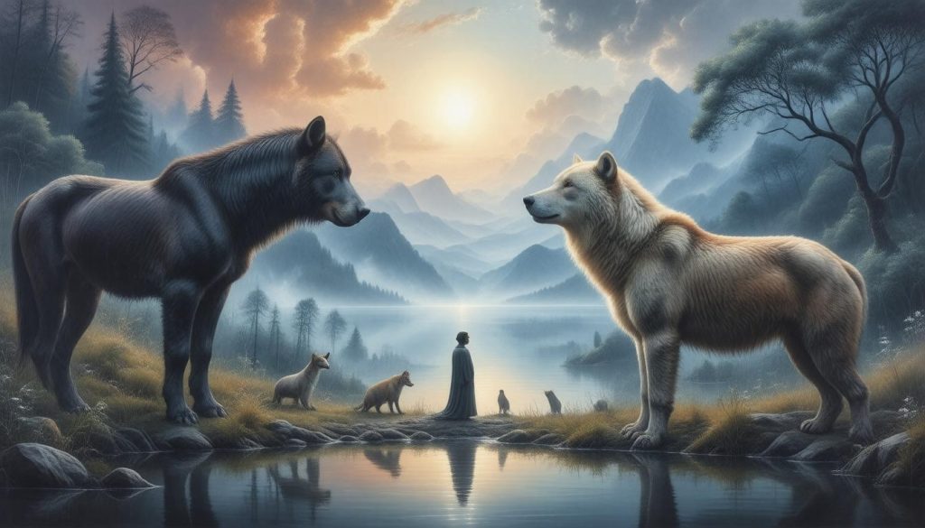 Zwei majestätische Wölfe stehen am Ufer eines ruhigen Sees, umgeben von Natur.