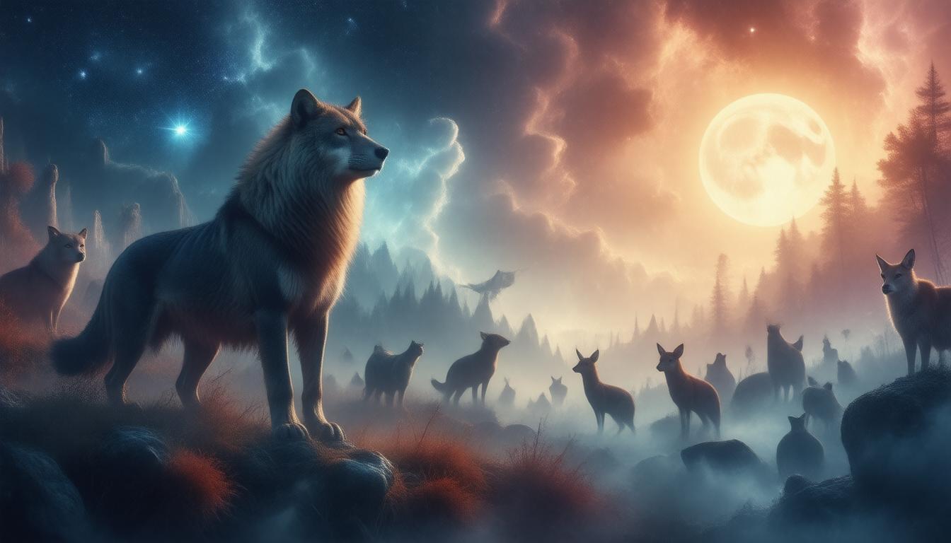 Ein majestätischer Wolf steht im Vordergrund, umgeben von anderen Wölfen in einer mystischen Landschaft.