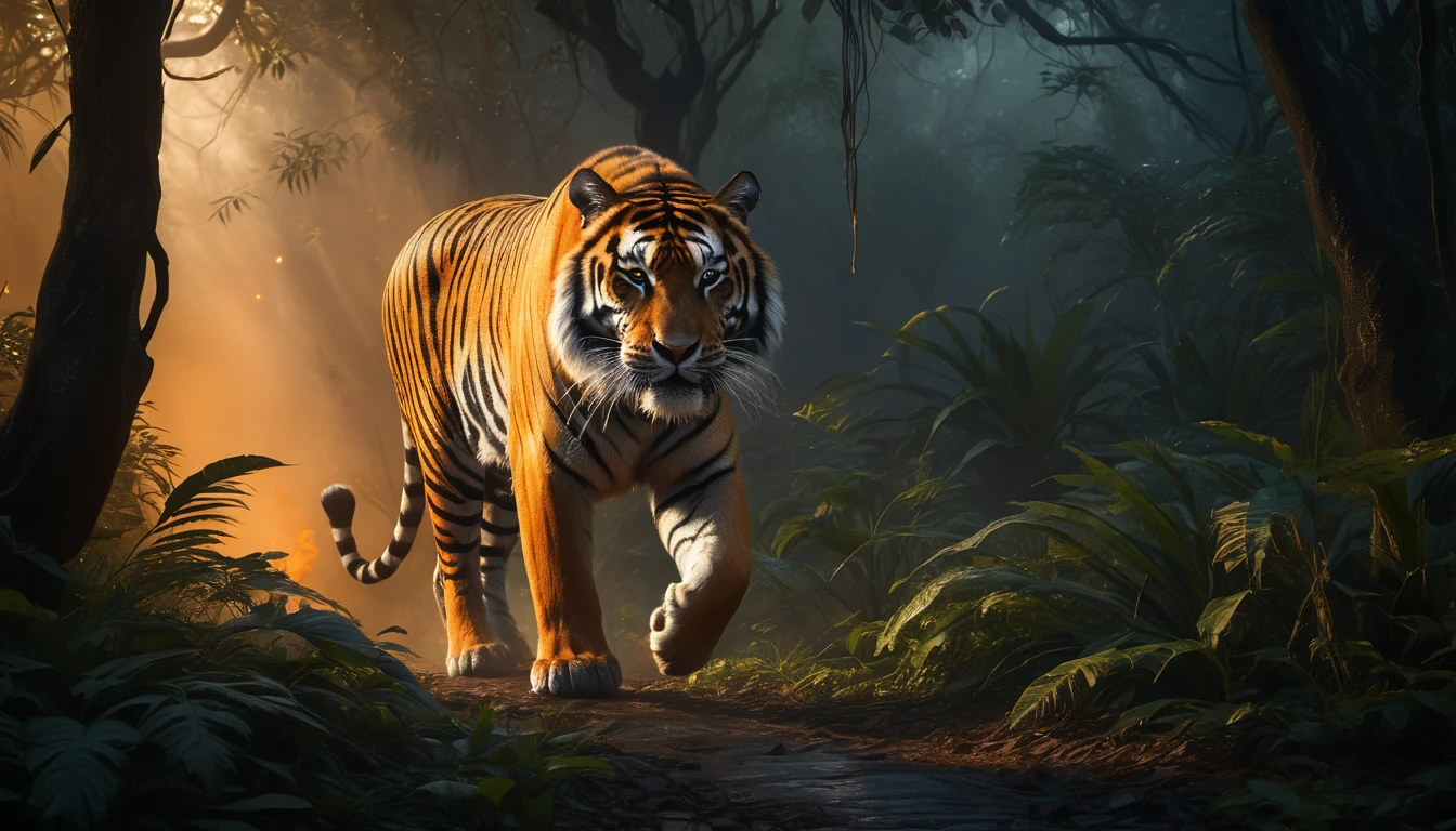 Ein majestätischer Tiger schreitet durch einen dichten Dschungel.