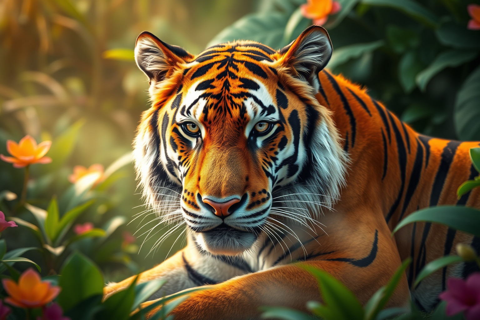 Ein majestätischer Tiger mit orangefarbenem Fell und schwarzen Streifen, umgeben von bunten Blumen.