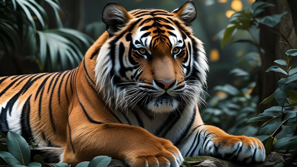 Ein majestätischer Tiger liegt entspannt im Dschungel zwischen Pflanzen.