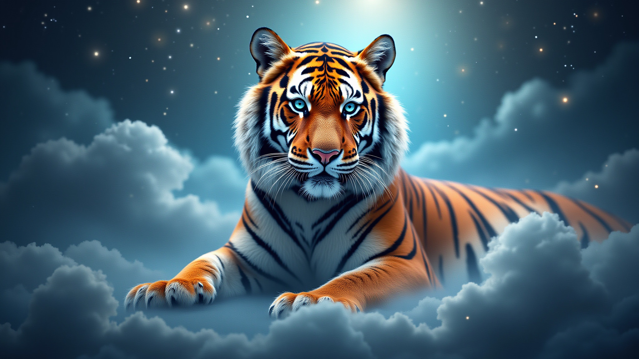 Ein majestätischer Tiger sitzt auf einer Wolke unter einem sternenklaren Himmel.