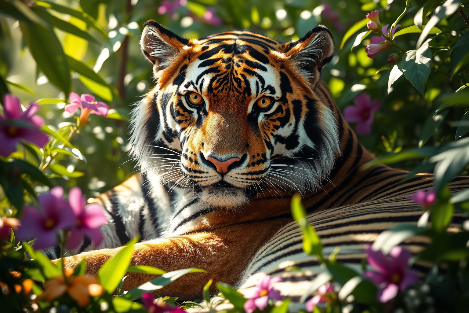 Ein majestätischer Tiger liegt zwischen bunten Blumen und blickt aufmerksam.