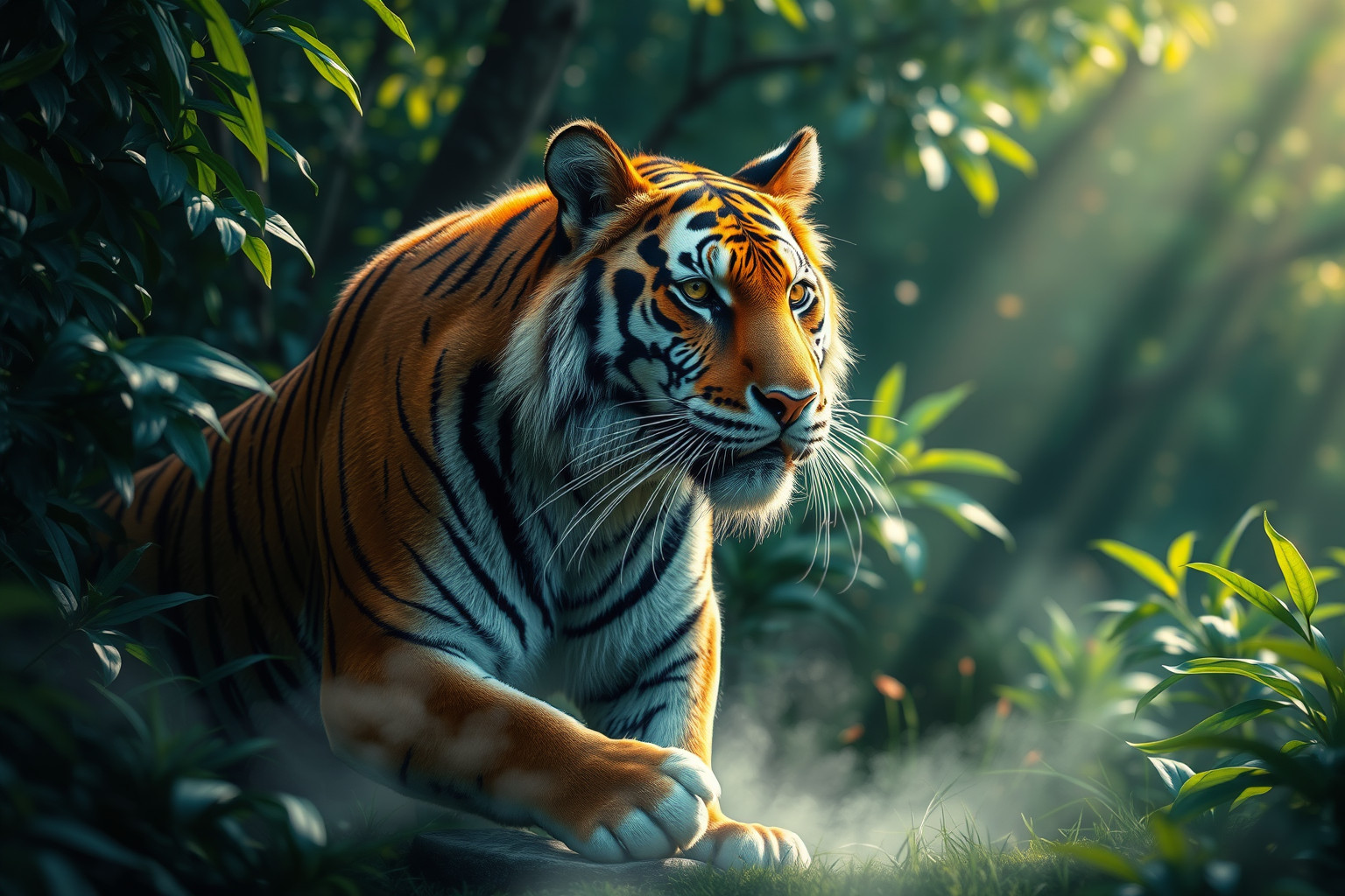 Ein majestätischer Tiger schleicht durch dichte grüne Pflanzen im Dschungel.