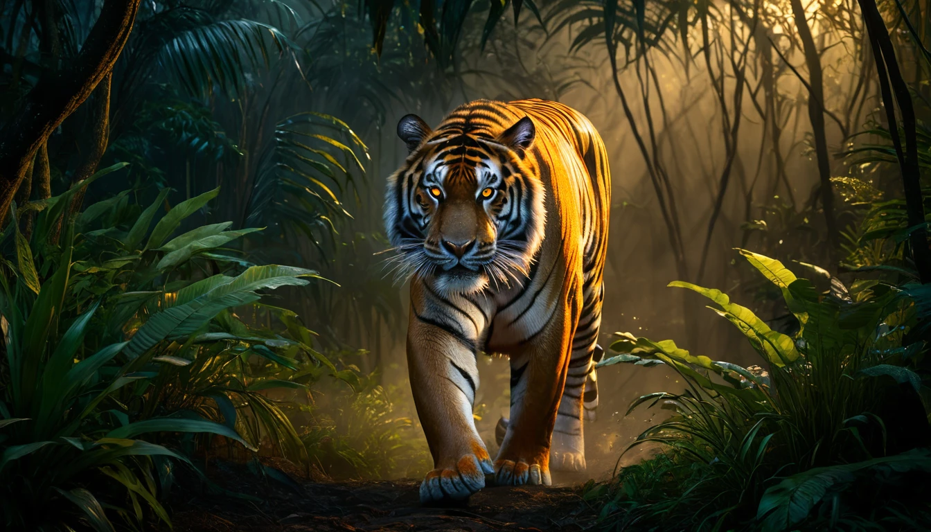 Ein majestätischer Tiger schreitet durch einen dichten Dschungel.