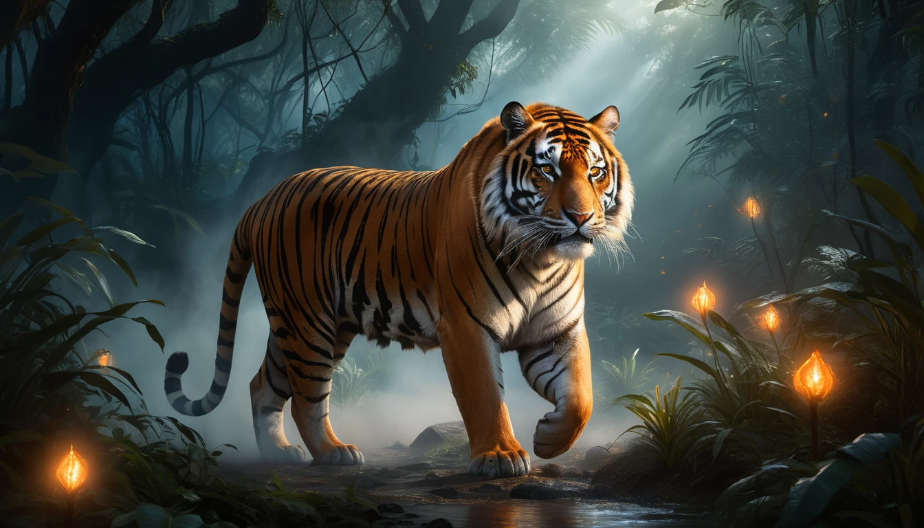 Ein majestätischer Tiger schreitet durch einen nebligen Dschungel.