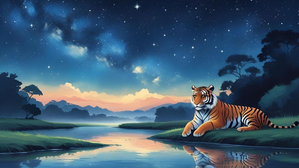 Ein majestätischer Tiger sitzt am Ufer eines ruhigen Flusses unter einem sternenklaren Himmel.