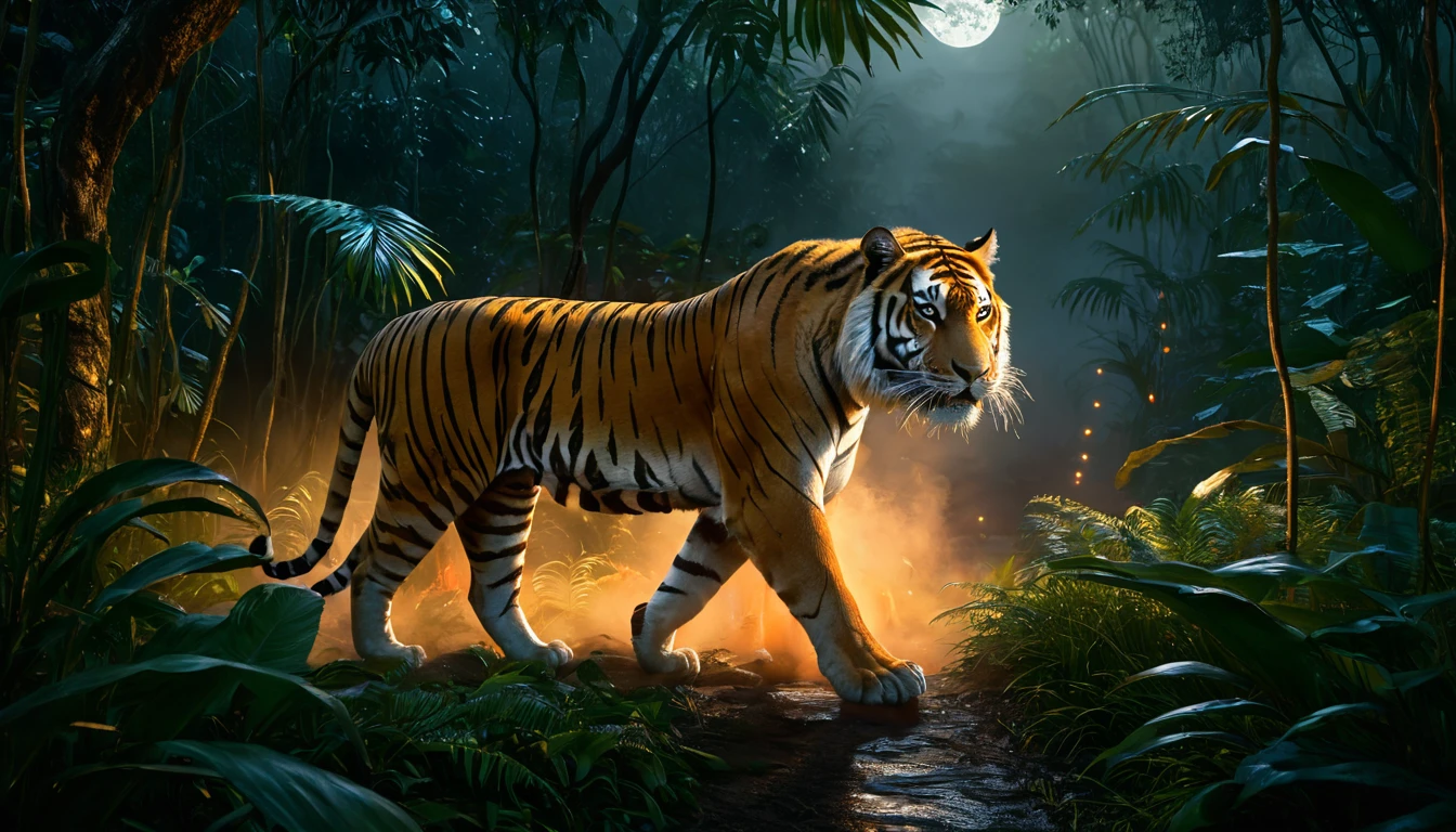 Ein majestätischer Tiger schreitet durch einen dichten Dschungel bei Nacht.