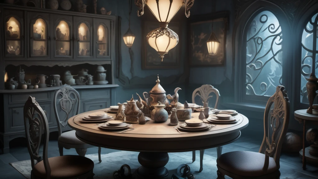 Ein eleganter Tisch mit Geschirr und Teekannen in einem stilvollen Raum.