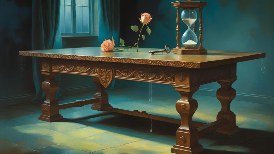 Ein kunstvoller Tisch mit einer Rose und einer Sanduhr, symbolisiert Zeit und Gemeinschaft.