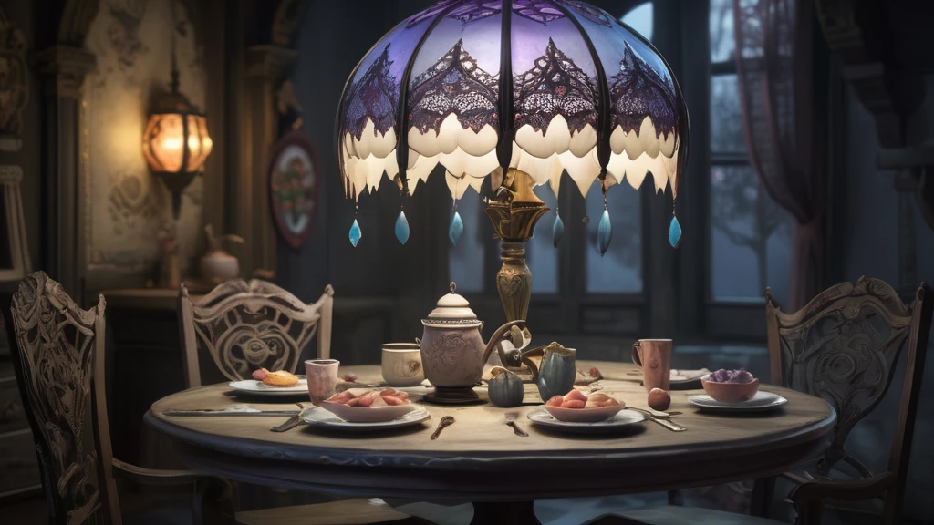 Ein eleganter Tisch mit einer dekorativen Lampe, Geschirr und Speisen.