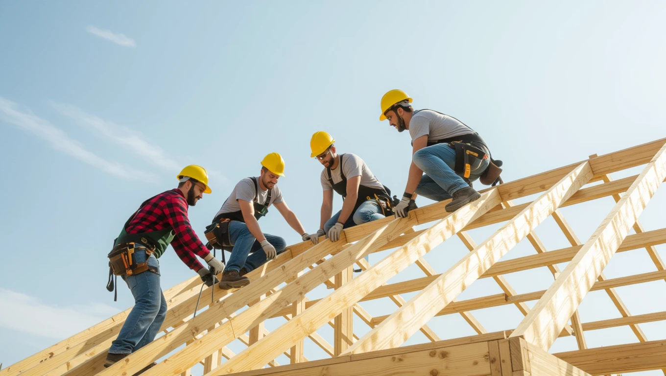 Vier Handwerker auf einem Dachstuhl, die gemeinsam an einem Holzgerüst arbeiten.