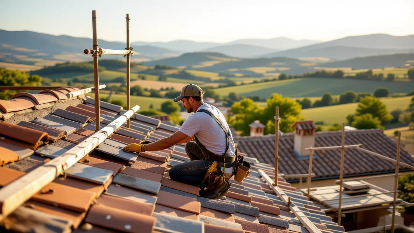 Ein Tischler arbeitet an einem Dach mit Ziegeln in einer malerischen Landschaft.