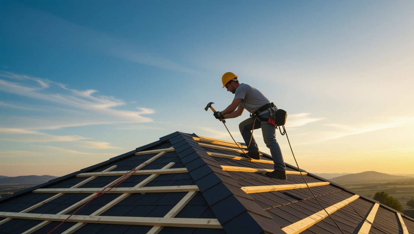 Ein Tischler arbeitet an einem Dach mit Holzlatten bei Sonnenuntergang.