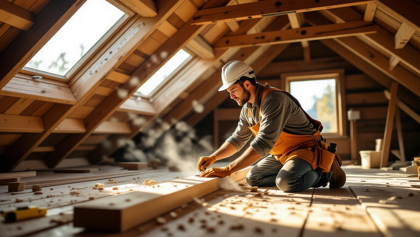 Ein Tischler arbeitet konzentriert an einem Holzstück in einem Dachboden.
