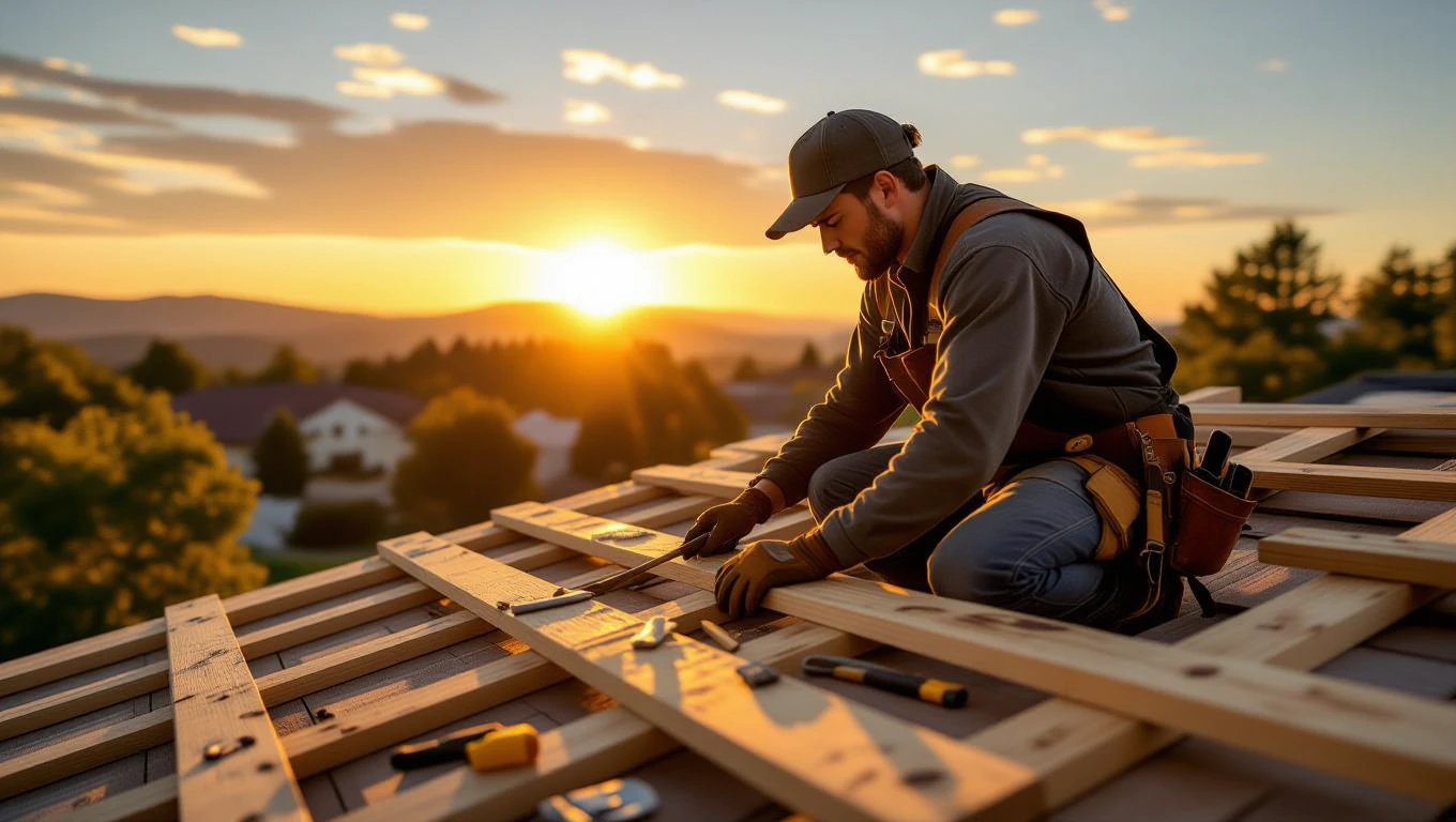 Ein Tischler arbeitet konzentriert an einem Holzprojekt bei Sonnenuntergang.