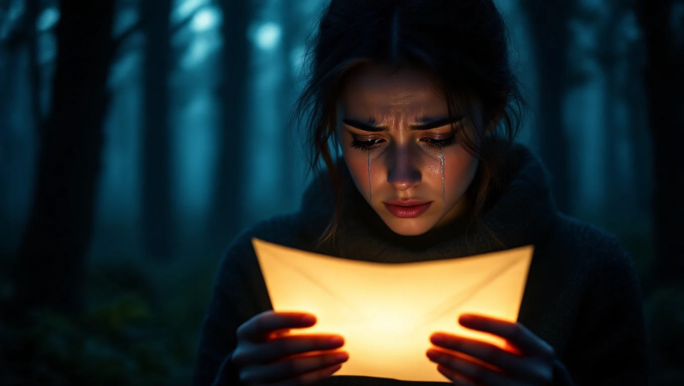Eine weinende Frau hält einen leuchtenden Brief in einem dunklen Wald.