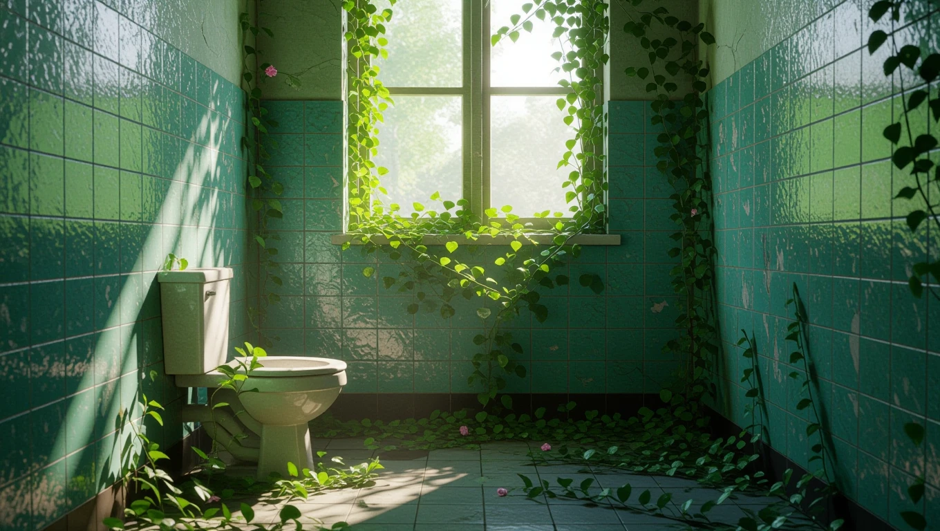 Ein verlassener Raum mit einer Toilette, umgeben von grünen Pflanzen und Licht.