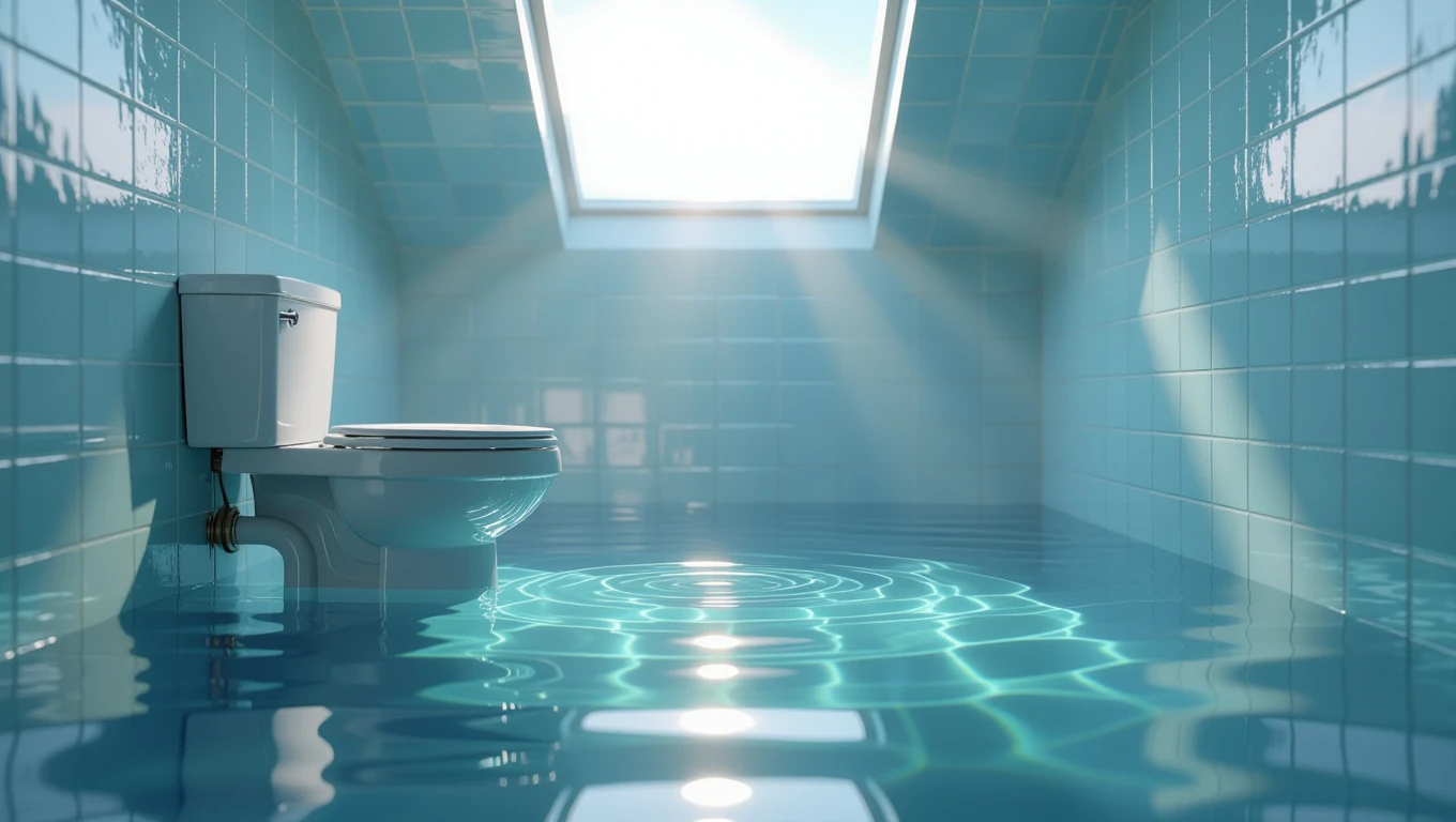 Ein hellblauer Raum mit einer Toilette, umgeben von Wasser und Lichtstrahlen.