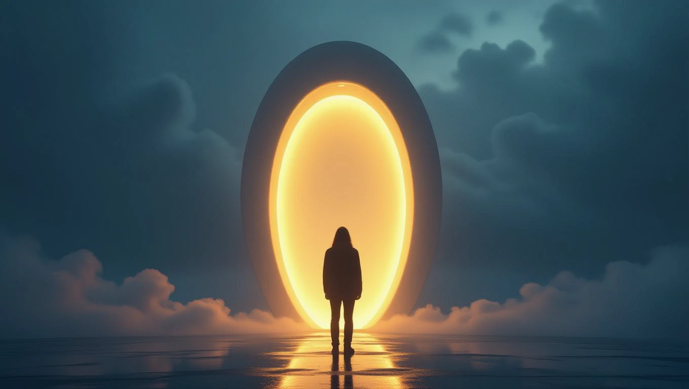 Eine Person steht vor einem leuchtenden Portal in einer nebligen Umgebung.