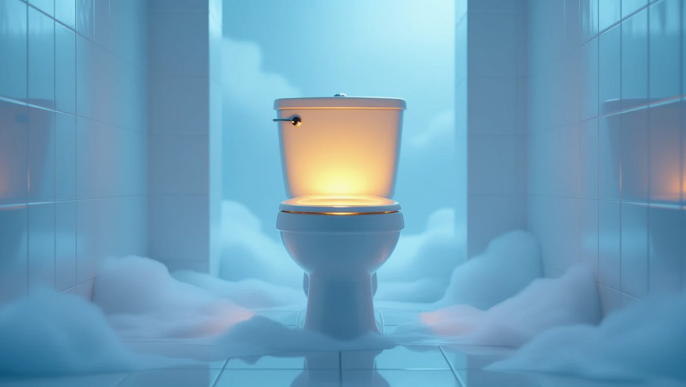 Ein beleuchtetes WC in einem nebligen Raum, symbolisiert Reinigung und Loslassen.