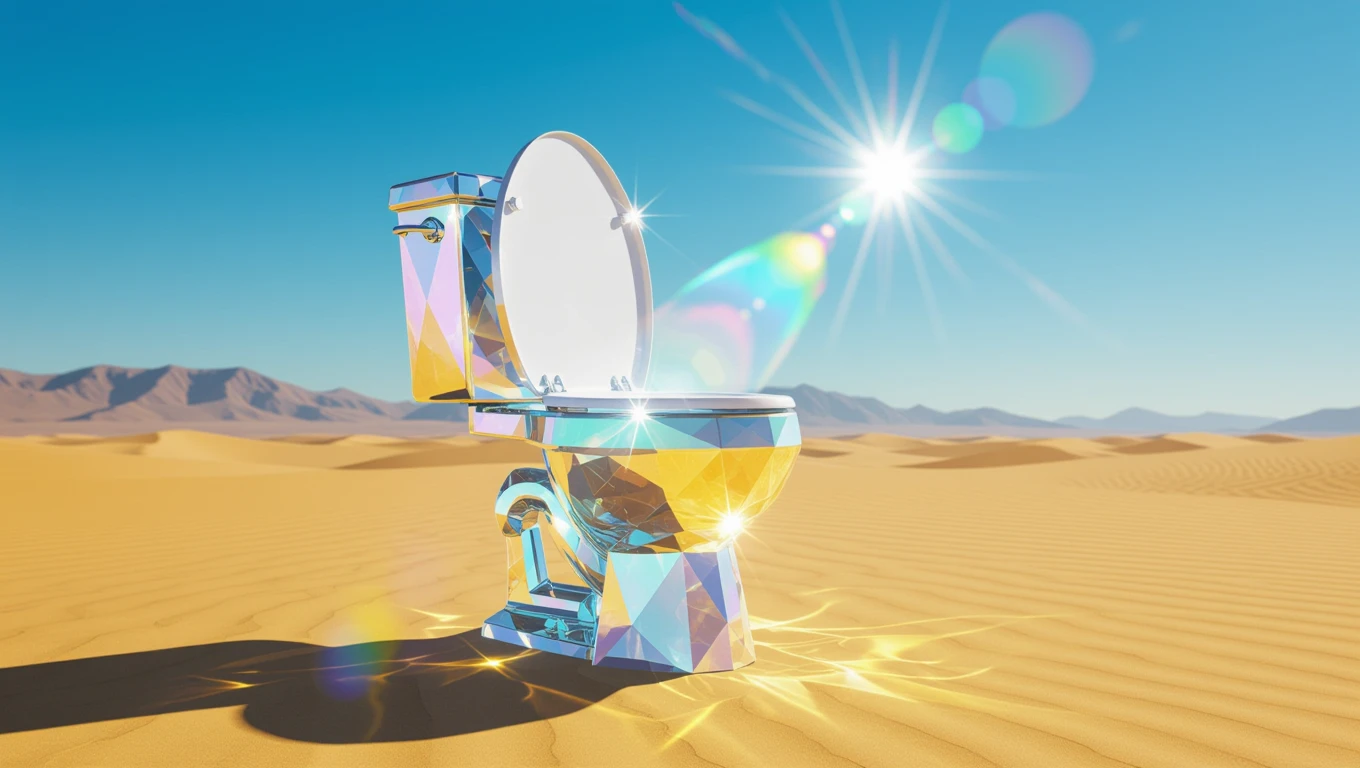 Ein glitzerndes, modernes WC in einer Wüstenlandschaft unter klarem Himmel.