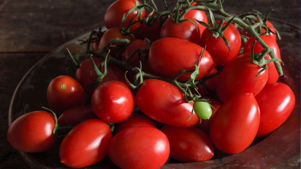 Eine Gruppe reifer, roter Tomaten auf einem rustikalen Teller.