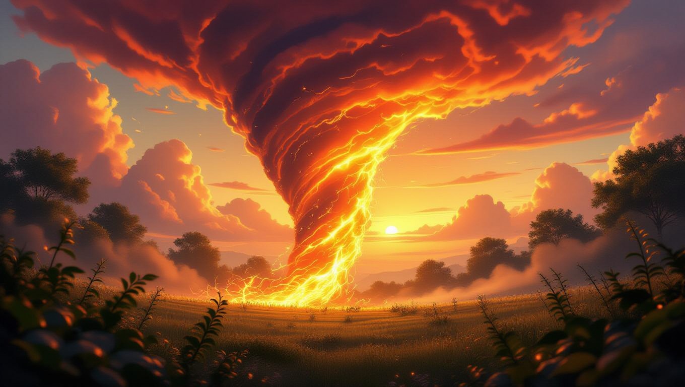 Ein leuchtender Tornado, der in einem Sonnenuntergang wirbelt, umgeben von Bäumen und Wolken.