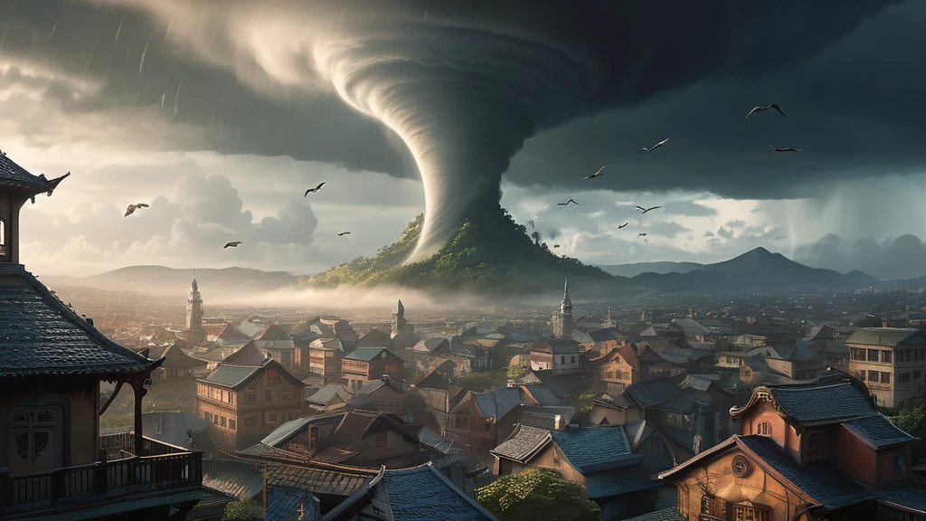 Ein Tornado erhebt sich über einer Stadt, umgeben von dunklen Wolken und Regen.