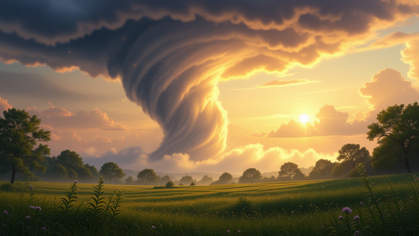 Ein eindrucksvoller Tornado, der sich über eine friedliche Landschaft mit Sonnenuntergang erhebt.
