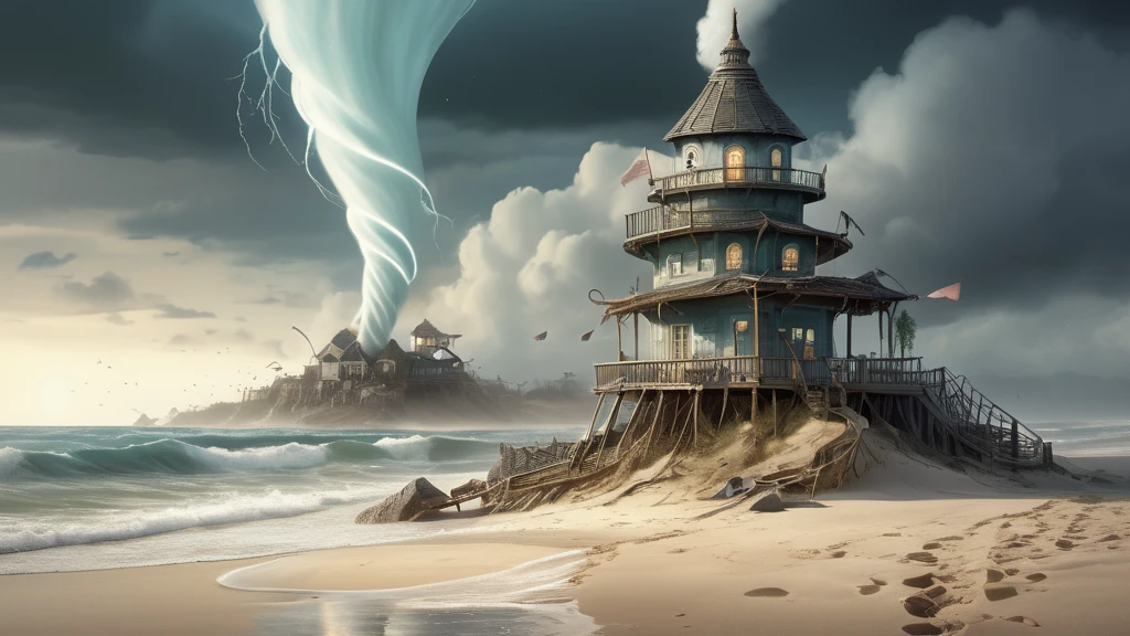 Ein Tornado wirbelt über eine Küstenlandschaft mit einem blauen Haus.