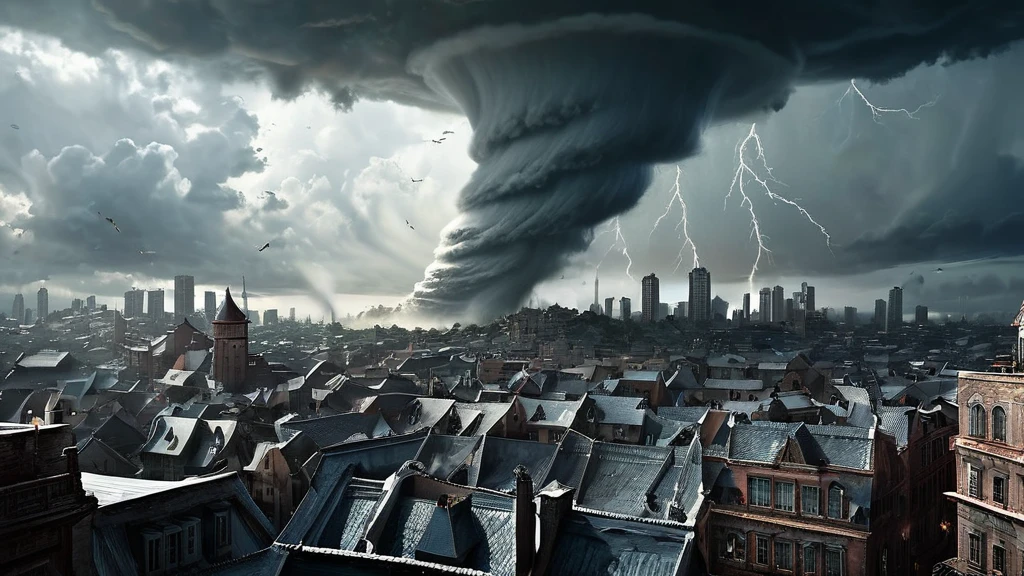 Ein Tornado wirbelt über eine Stadt, umgeben von dunklen Wolken und Blitzen.